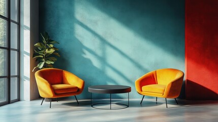 Aufkleber - Modern seating arrangement in a vibrant indoor space with colorful chairs, a central table, and lush greenery, illuminated by natural sunlight in the afternoon