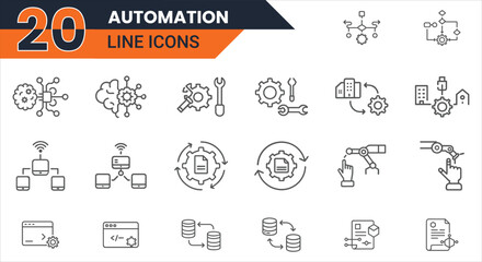 Poster - 20 Automation Line Icons Vector Set Representing Workflow, Robotics, AI, Process Optimization, and Digital Technology in Minimal Outline Style