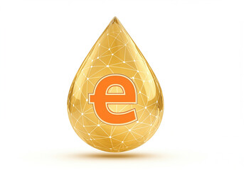Poster - Golden liquid drop with orange e symbol inside and white lines over the drop surface. Liquid drop has a shadow on the white background