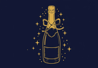 Poster - Champagne bottle with bow and stars celebration drawing. Champagne bottle with ribbon and stars around in hand drawn style