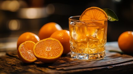 Poster - A high-resolution photo of whole oranges and a glass of  on a wooden table, with fresh oranges sliced and arranged to emphasize the natural freshness of the juice.