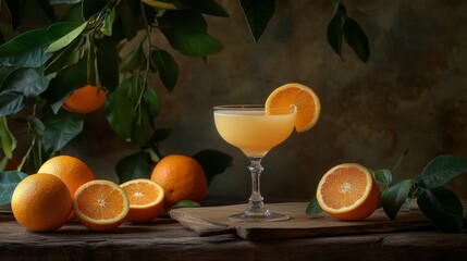 Poster - A high-resolution photo of whole oranges and a glass of  on a wooden table, with fresh oranges sliced and arranged to emphasize the natural freshness of the juice.