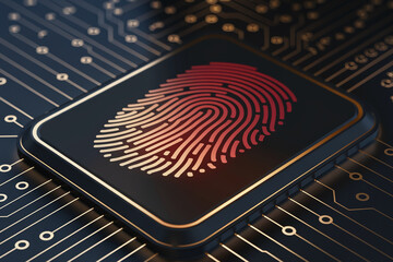 Poster - Stylized fingerprint on dark square, gold trim, circuit board background, showcasing digital security, biometric authentication, technology concept
