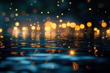 Fototapete - Sunset reflections create a mesmerizing golden bokeh effect on the water's surface during the evening at a tranquil lakeside
