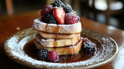 Poster - A stack of French toast slices dusted with powdered sugar and topped with fresh berries and a drizzle of maple syrup, served on a rustic ceramic plate.