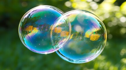 Poster - Two Sparkling Soap Bubbles Nature Background Bright Summer Day Outdoors Iridescent Rainbow Colors Reflections Green Lush Foliage Beautiful Tranquil Scene Vivid Detailed Closeup Photography art joy    