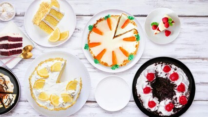 Poster - Dessert table scene with a variety of cakes. Top view, stop motion, table placement video on a white wood background. Black forest, lemon, carrot, red velvet, chocolate and cheesecakes.