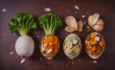 Poster - Four bowls of food with vegetables and one with an egg. The bowls are arranged in a row on a table