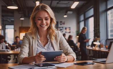 Poster - Woman is sitting at a desk with a tablet in front of her. She is smiling and she is enjoying her work. The scene suggests a positive and productive atmosphere in the office