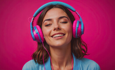 Poster - Woman wearing headphones and smiling. The headphones are pink and blue