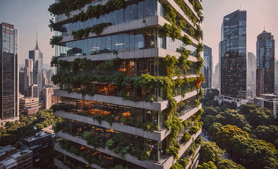 Poster - Tall building with a green roof and lots of windows. The building is surrounded by trees and is in a city