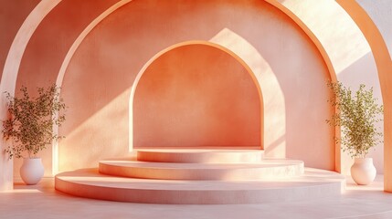 Leinwandbilder - Sunrise light creates a warm atmosphere in a modern architectural space with circular design elements