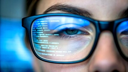 Close-Up of Female Coder Wearing Glasses Reflecting Computer Code, Symbolizing Programming Focus, Cyber Technology, Software Development, and Digital Innovation Perspective