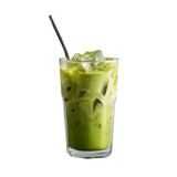 Iced matcha latte in glass with straw isolated die cut 