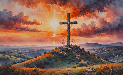 Aufkleber - Painting of a cross on a hill with a sunset in the background. The painting conveys a sense of peace and serenity, as the cross stands tall on the hill and the sun sets in the distance