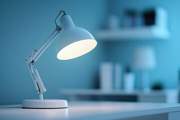 Leinwandbilder - Desk lamp illuminates workspace in peaceful blue room during evening, enhancing cozy atmosphere for reading or studying
