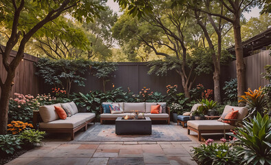 Poster - Lush green backyard with a wooden fence and a fire pit. The patio is furnished with a variety of couches and chairs, and there are potted plants scattered throughout the area. Scene is peaceful and
