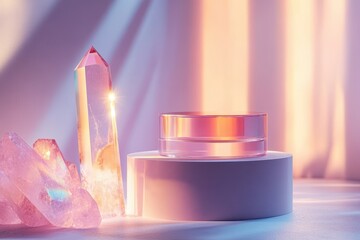 Fototapete - Colorful beauty product on a minimalistic display against a softly lit backdrop showcasing gradient hues during daylight