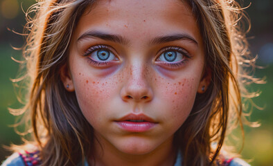 Poster - Young girl with blue eyes and red spots on her face. She is looking directly at the camera