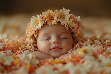 Aufkleber - Softly sleeping baby adorned with a floral crown surrounded by petals in a tranquil setting, capturing a delicate moment of peace and innocence during daylight