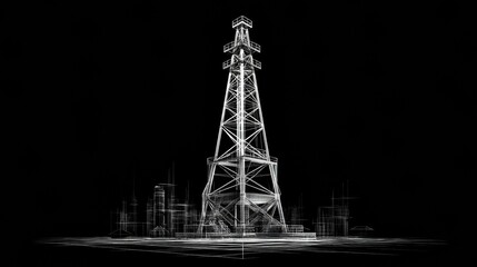 Poster - 3D Wireframe Model of an Offshore Oil Rig Displayed Against a Black Background Showcasing Intricate Structural Design and Engineering Details