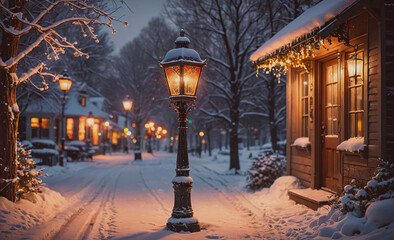 Poster - Street scene with a lamp post lit up in the snow. The street is lined with houses and trees, and there are people walking around. The scene has a cozy and festive atmosphere, with the snow and lights