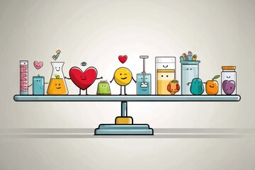 Poster - Health Scale Balancing Icons Representing Joy and Vitality With Various Colorful Symbols, Illustrating Wellness and Happiness in a Playful Manner