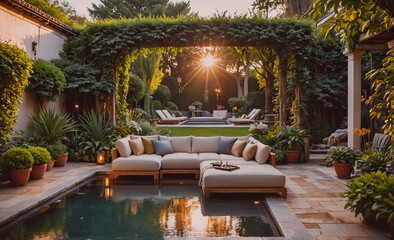 Poster - Large patio with a pool and a gazebo. The patio is filled with furniture and plants