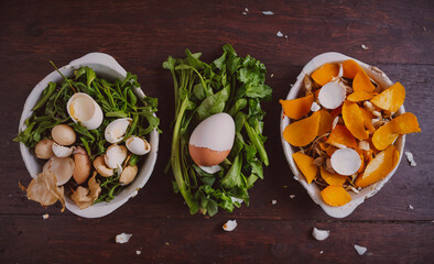 Poster - Three bowls of food with an egg in the middle. The bowls are filled with vegetables and eggs