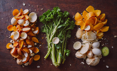 Poster - Three piles of food on a table, including broccoli, onions, and eggshells. The broccoli is on the left, the onions are in the middle, and the eggshells are on the right