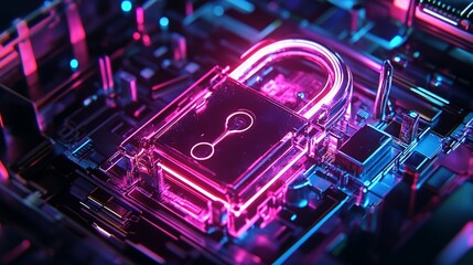 Poster - Cybersecurity Digital Lock Neon Pink Purple Abstract Technology Background Futuristic Circuit Board Data Protection Secure Network Graphic Design Illustration Modern Art High Tech Innovation Digital  