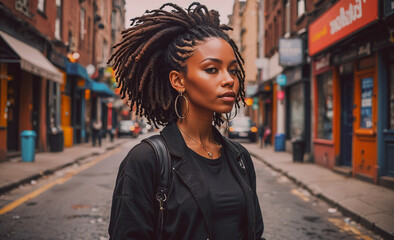 Poster - Woman with dreadlocks stands on a city street. She is wearing a black jacket and a gold hoop earring