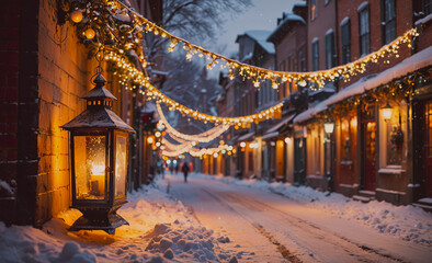 Poster - Street with a lantern hanging from a building. The lantern is lit and the street is covered in snow