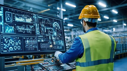 Poster - Industrial worker monitoring  a large screen displaying real-time data in a factory.