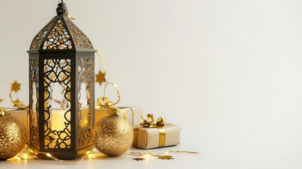 Poster - White background showcasing isolated Eid lights and gift assortment.