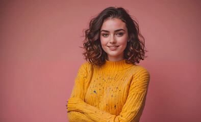 Aufkleber - Woman in a yellow sweater is smiling and posing for a picture. The sweater is striped and has a pattern of dots. The pink background adds a pop of color to the scene