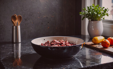 Aufkleber - Bowl filled with meat is sitting on a counter next to a vase of flowers and a bowl of oranges. The scene is set in a kitchen, with a window in the background. The bowl of meat is the main focus of the