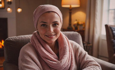 Poster - Woman wearing a pink scarf is sitting on a couch. She is smiling and looking at the camera