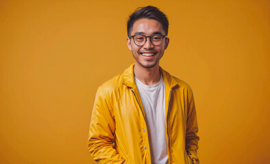 Aufkleber - Man in a yellow jacket is smiling and looking at the camera. The image has a bright and cheerful mood, with the yellow jacket and the man's smile adding to the overall positive atmosphere