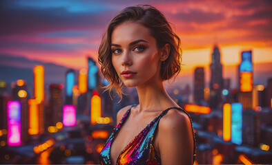 Poster - Woman is standing in front of a city skyline with neon lights. She is wearing a colorful dress and has her hair in a bun. The image has a vibrant and energetic mood, with the city lights
