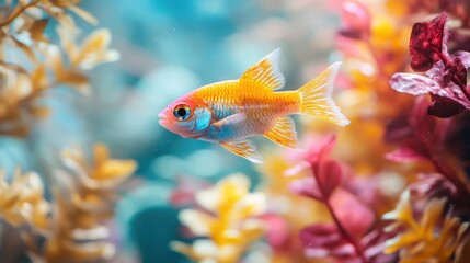 Aufkleber - Colorful goldfish swims gracefully in a vibrant underwater world surrounded by lush plants and colorful aquatic scenery