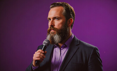 Aufkleber - Man with a microphone is standing in front of a purple background. He is wearing a suit and tie