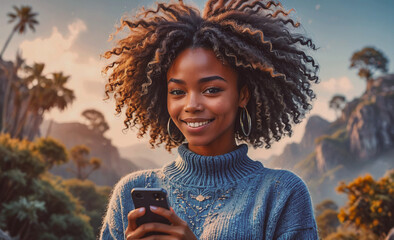 Poster - Woman with curly hair is holding a cell phone and smiling. The image has a tropical vibe with palm trees in the background