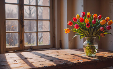 Poster - Vase of tulips sits on a wooden table in front of a window. The sunlight shines through the window, casting a warm glow on the flowers. Concept of peace and tranquility
