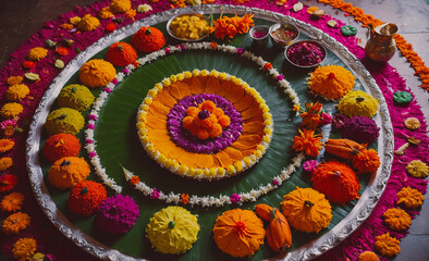 Aufkleber - Colorful arrangement of flowers and fruits on a tray. The tray is placed on a table and surrounded by a green leaf. The arrangement is vibrant and lively, giving off a festive and celebratory mood