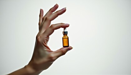 Poster - Hand holding a small amber vial against a minimalist background  
