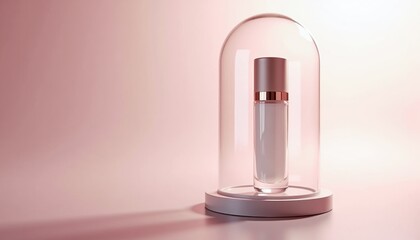 Poster - Elegant beauty product displayed under glass dome on pink background  