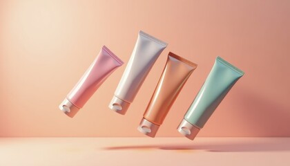 Aufkleber - Colorful skincare tubes floating against a pastel background  