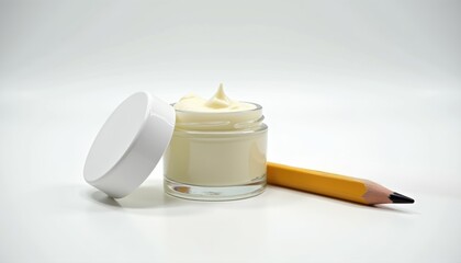 Poster - Cream jar with lid and pencil on white background  