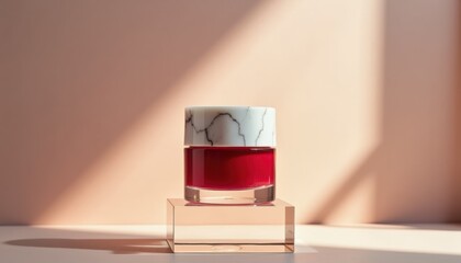 Poster - Stylish skincare jar with red cream on a minimalist background  